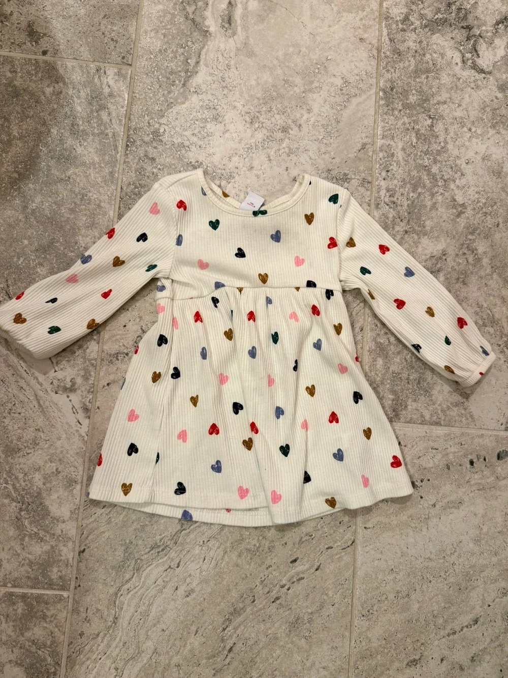 Old Navy Cream Ribbed Long-Sleeve Dress with Multicolor Hearts